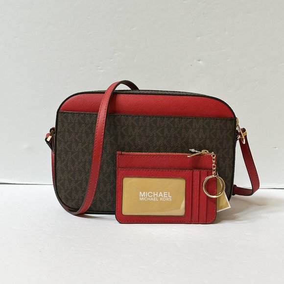 Michael Kors Jet Set Item Chain Crossbody Bag + Coin Wallet Set MK Brown Red - Picture 3 of 15